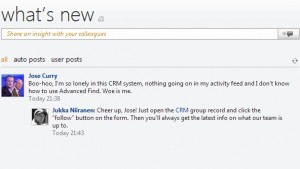 The new CRM user does not yet have any auto posts on his personal wall